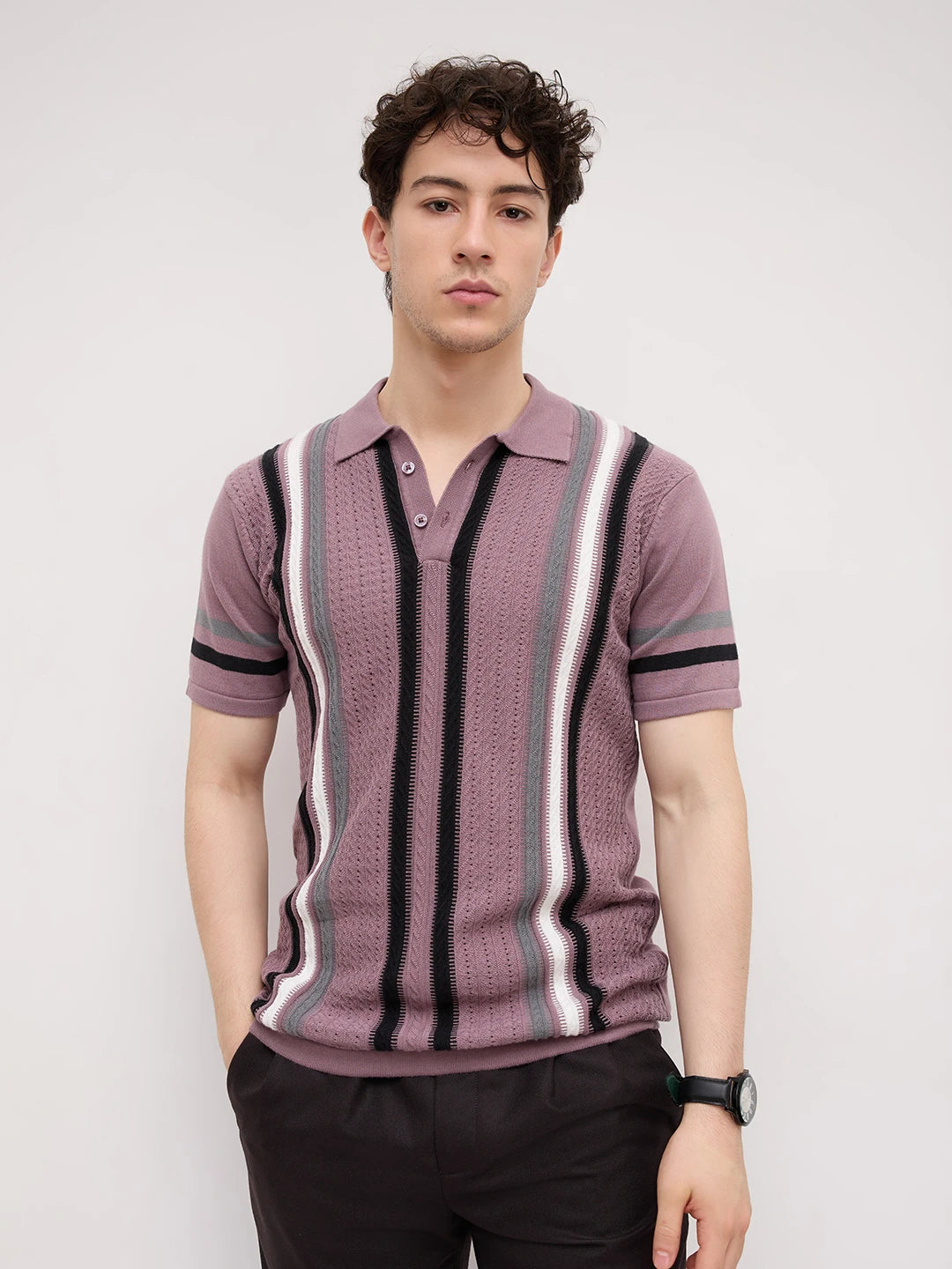 Mauve Ladder Striped Zip Flat Knit Polo T-Shirt