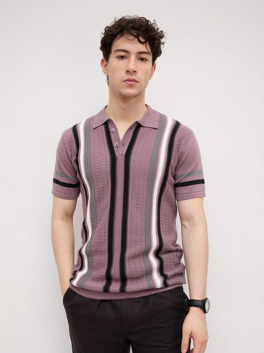 Mauve Ladder Striped Zip Flat Knit Polo T-Shirt