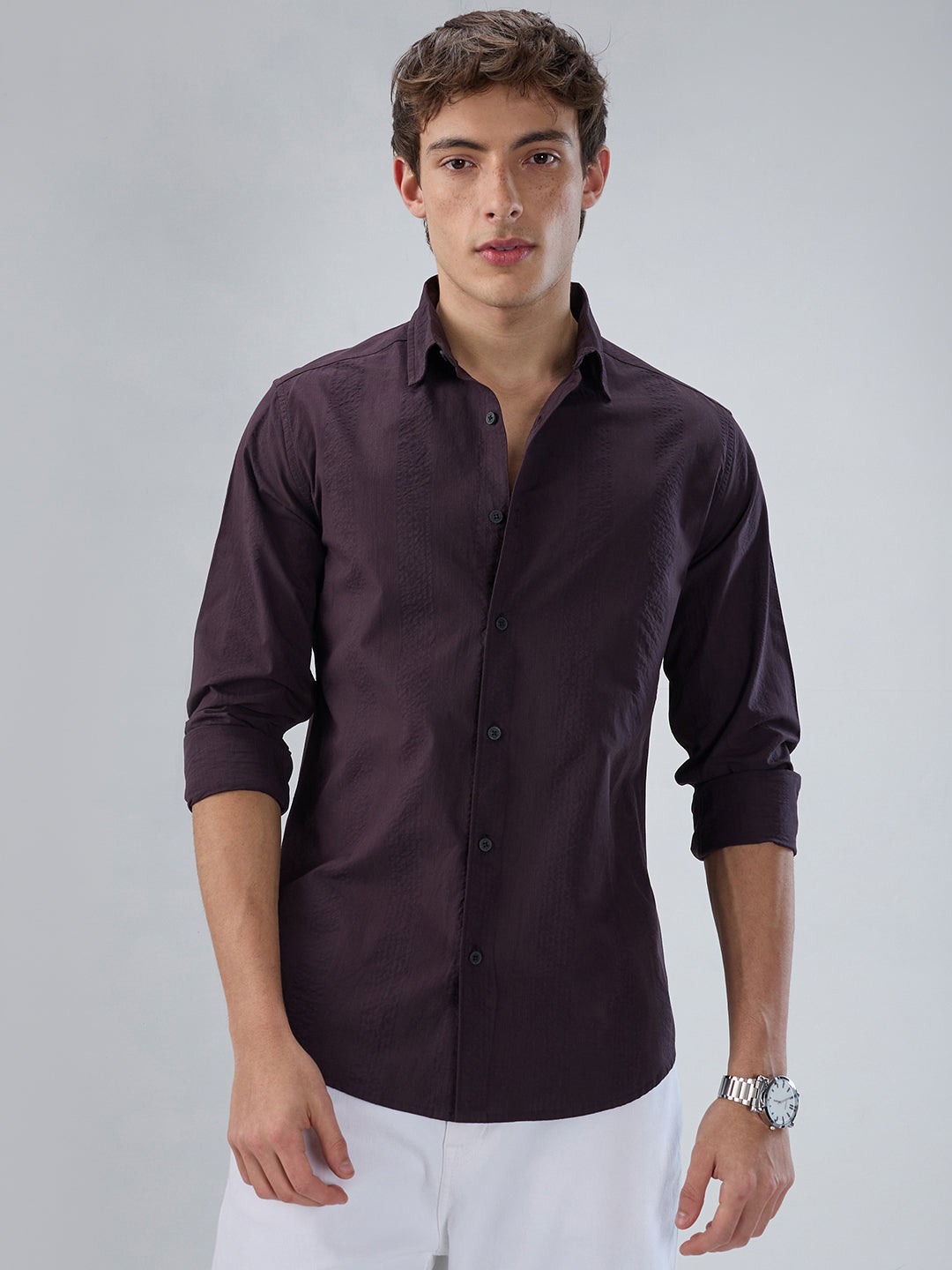 Deep Wine Striped Seersucker Shirt