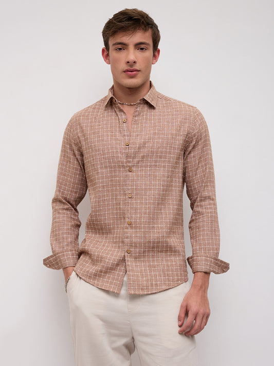 Rustic Brown Embroidery Grid Checks Shirt