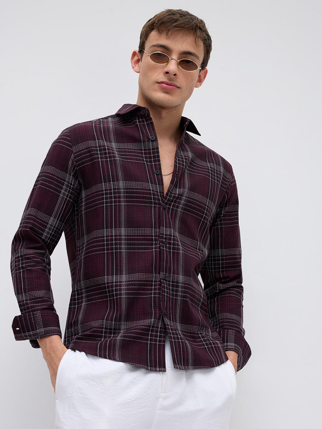 Refined Maroon & White Contrast Checks Shirt