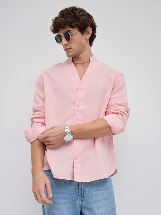 Mist Pink Linen Blend Stand Collar Oversized Shirt