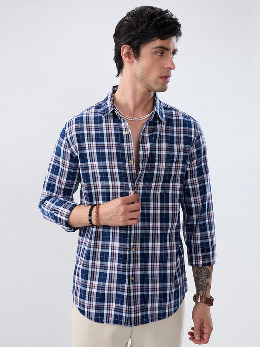 Denim White & Navy Herringbone Plaid Checks Shirt