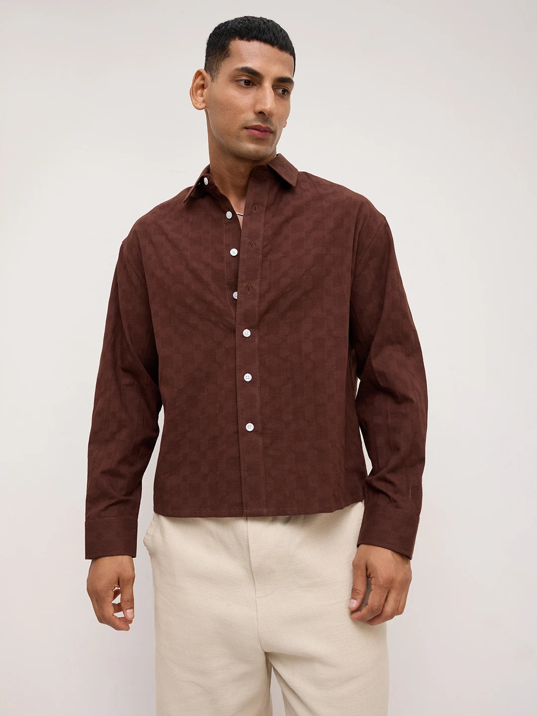 Coffee Brown Square Weave Boxy Fit Crop Shirt