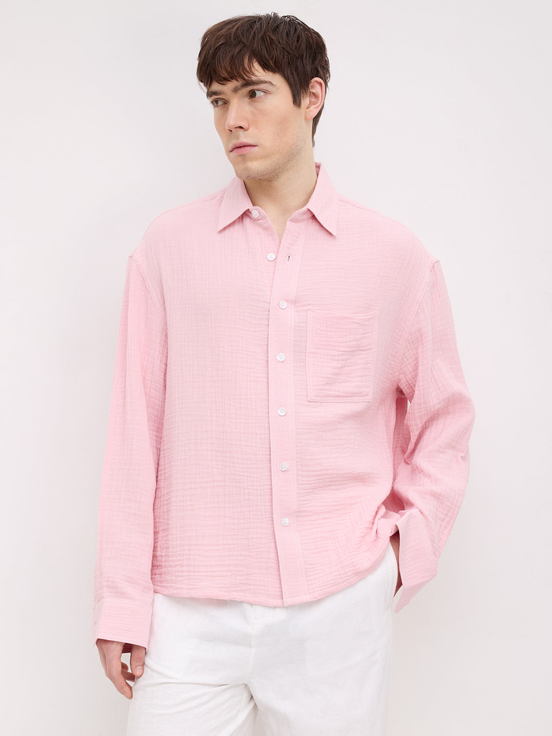 Charming Pastel Pink Double Cloth Boxy Fit Crop Shirt
