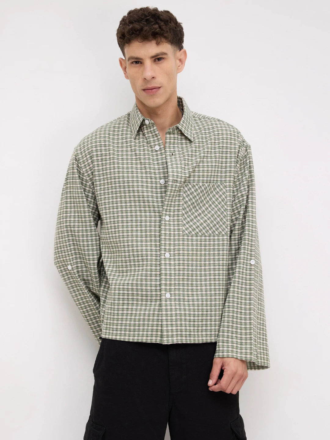 Moss Green & Ivory Cuffless Oversized Crop Shirt