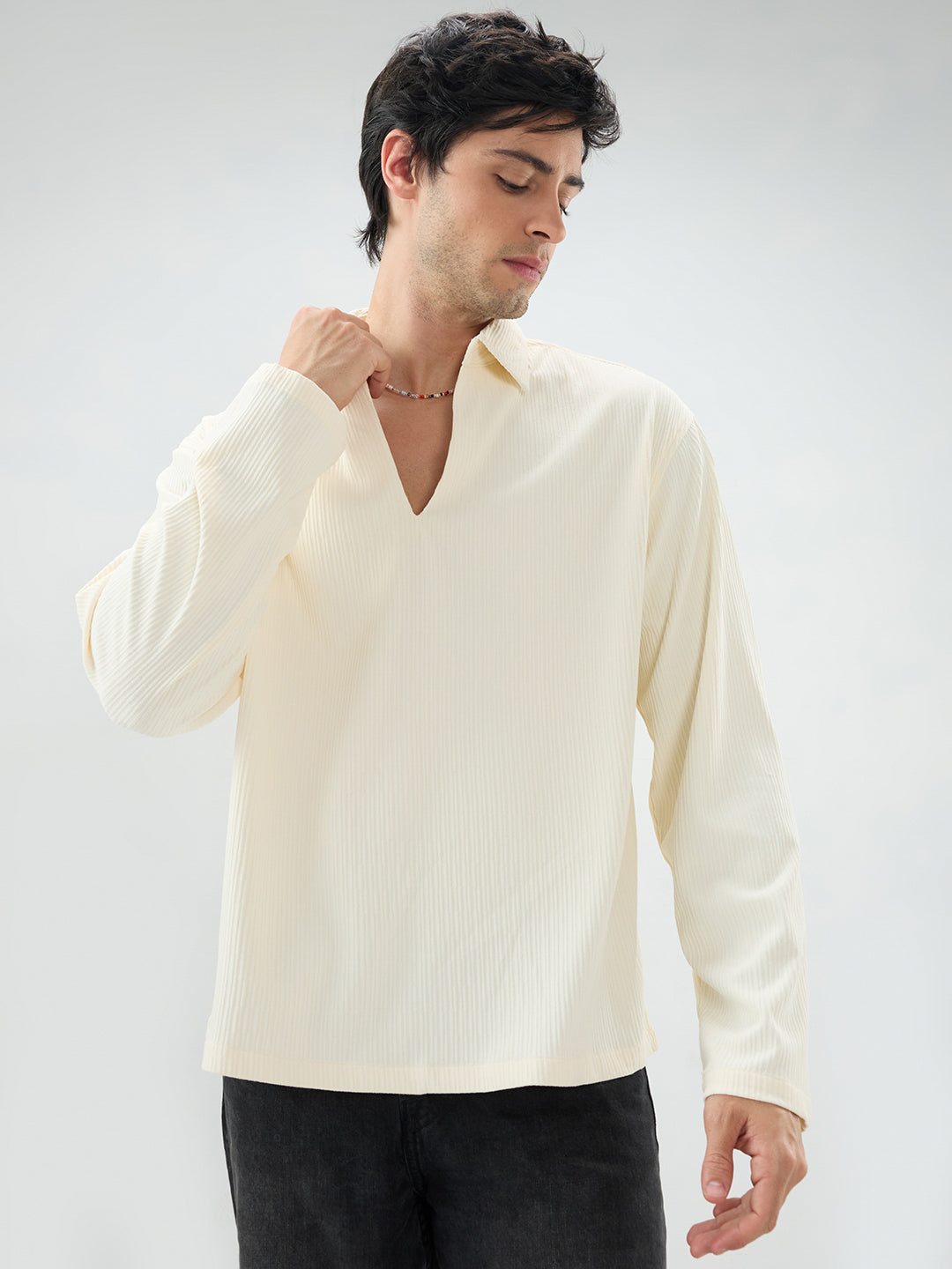 Pastel Cream Precision Rib Striped Oversized Polo Knitted Shirt