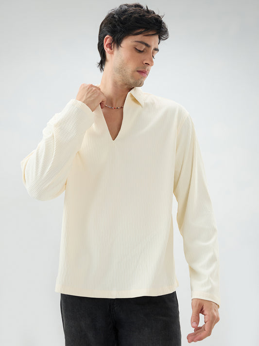 Pastel Cream Precision Rib Striped Oversized Polo Knitted Shirt