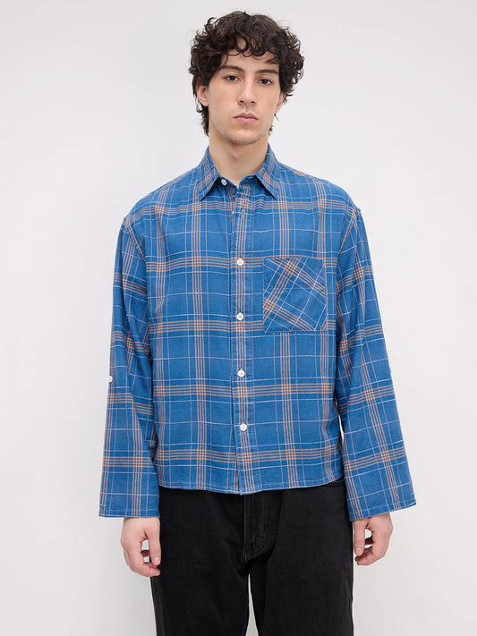 Denim Contrast Square Checks Cuffless Oversized Crop Shirt