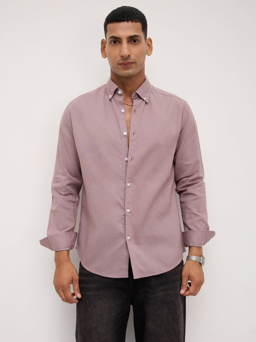 Luxe French Lilac Button-Down Collar Linen Blend Shirt
