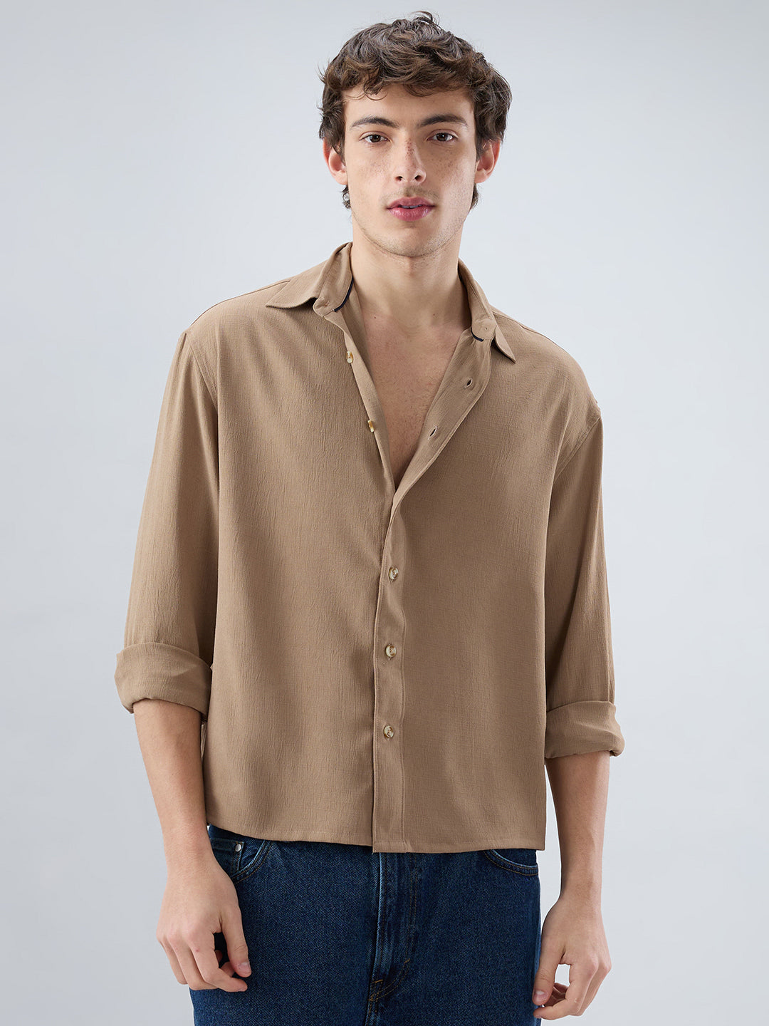 Khaki Olive Fine Grid Textured Boxy Fit Oversized Shirt