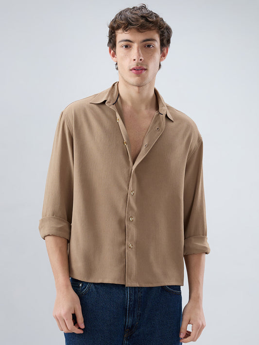 Khaki Olive Fine Grid Textured Boxy Fit Oversized Shirt