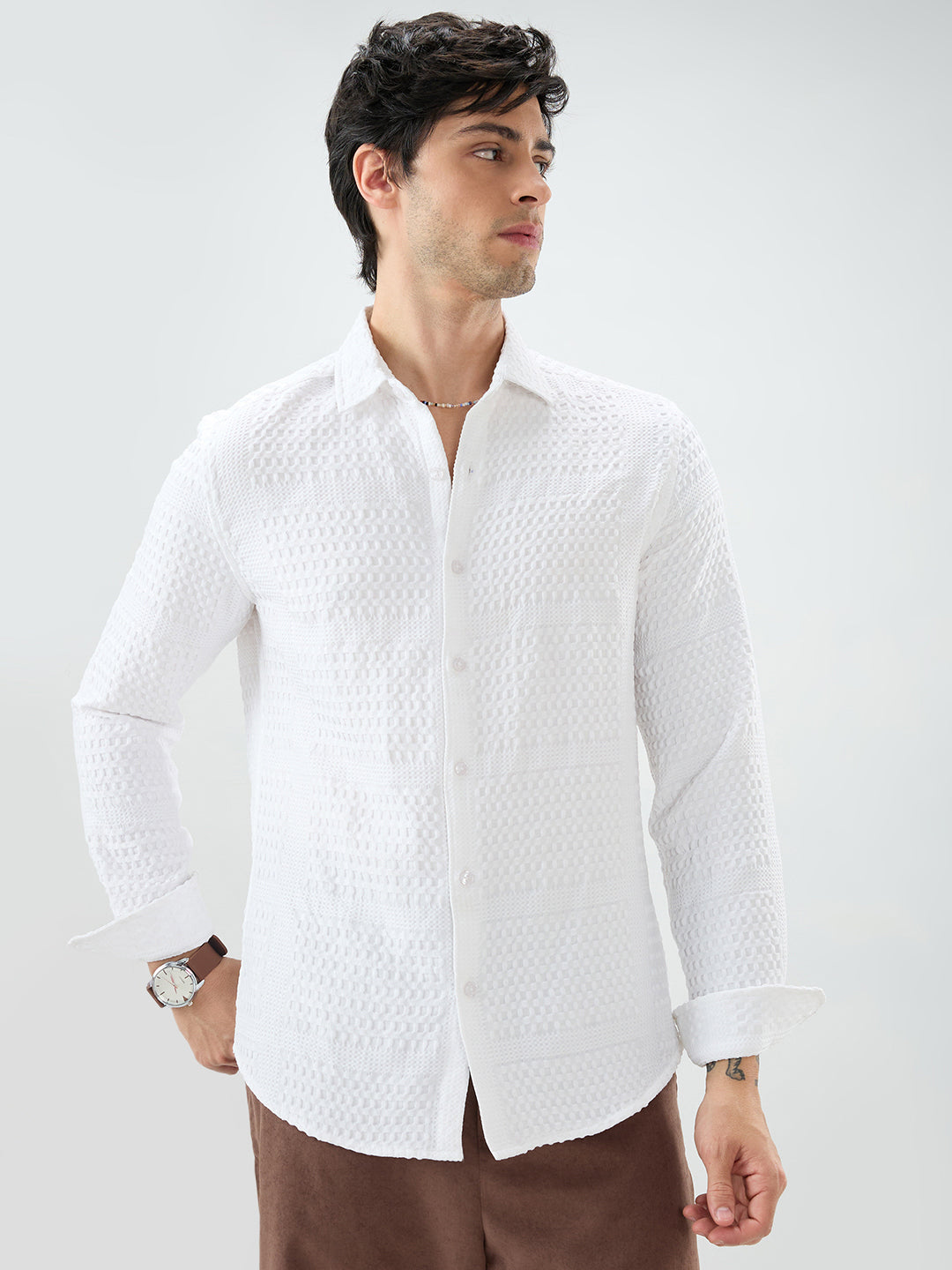 Snow White Geometric Grid Embossed Shirt