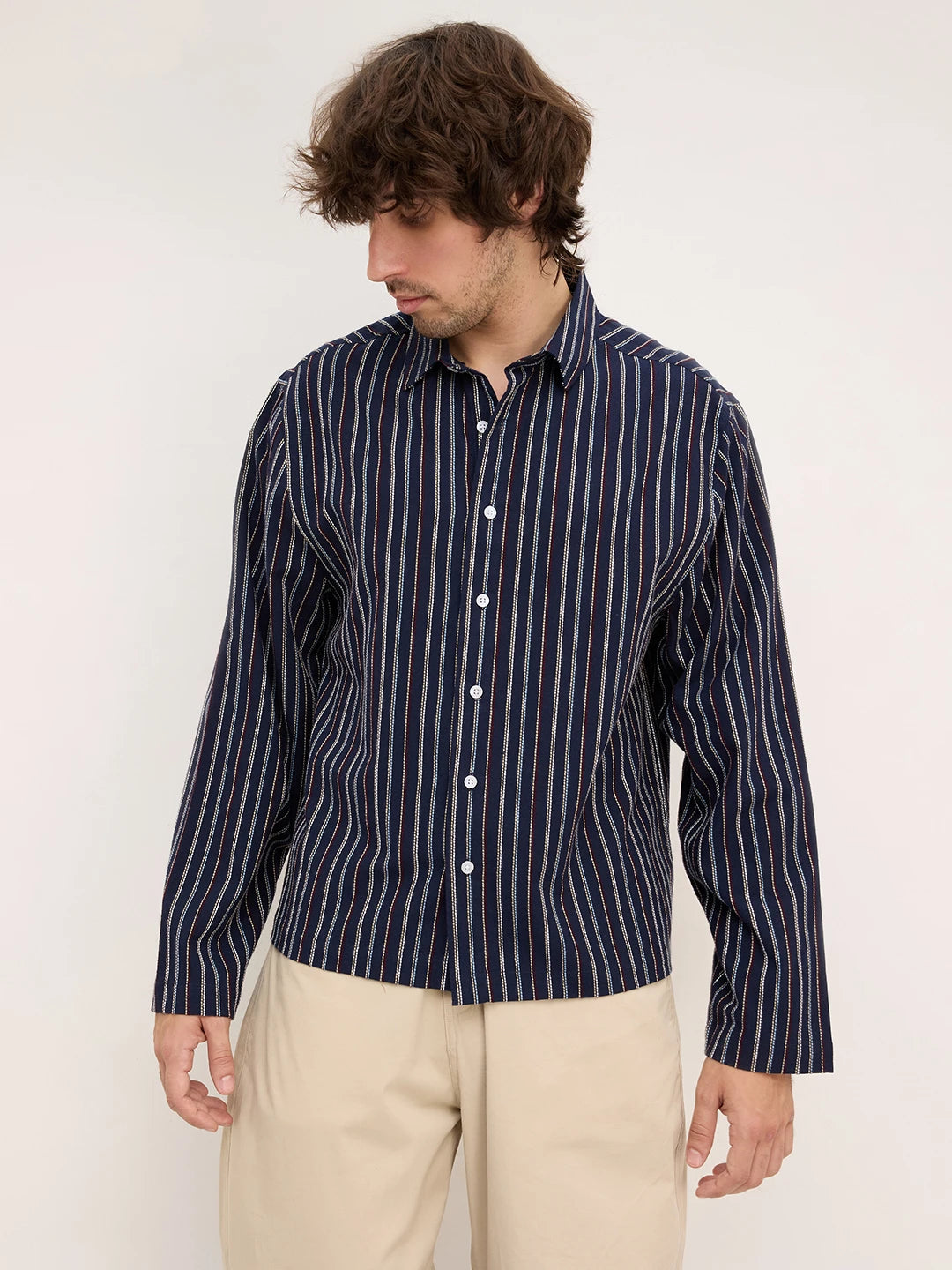 Navy Dual Embroidered Striped Cuffless Oversized Shirt