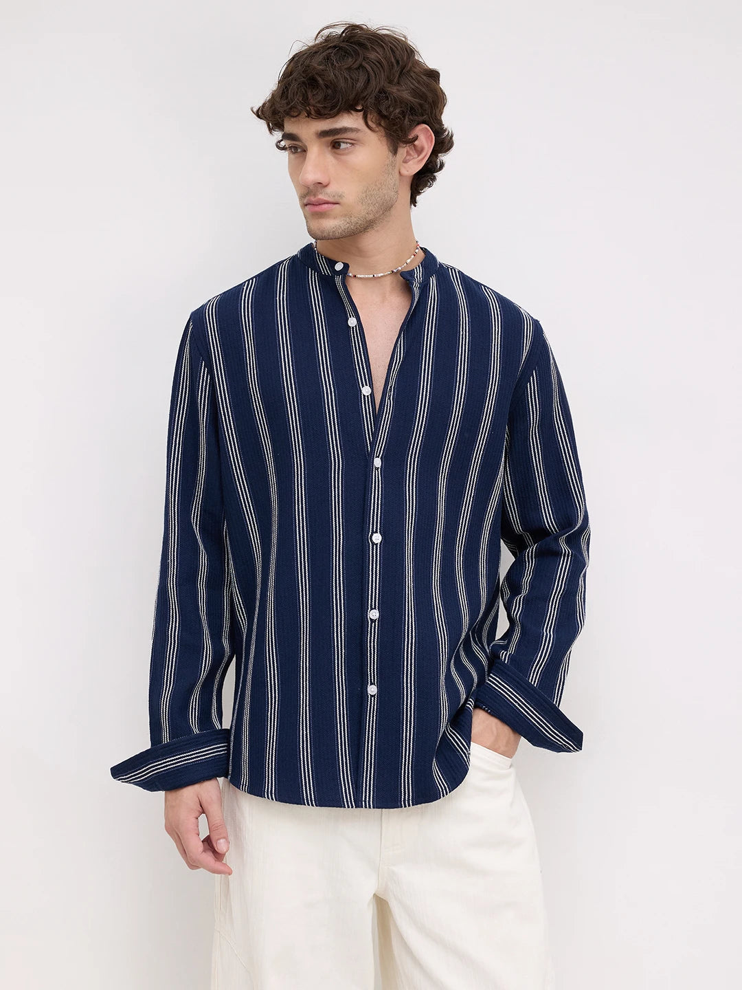 Navy & White Vertical Striped Mandarin Shirt