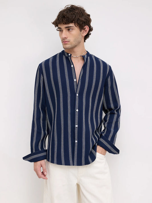 Navy & White Vertical Striped Mandarin Shirt