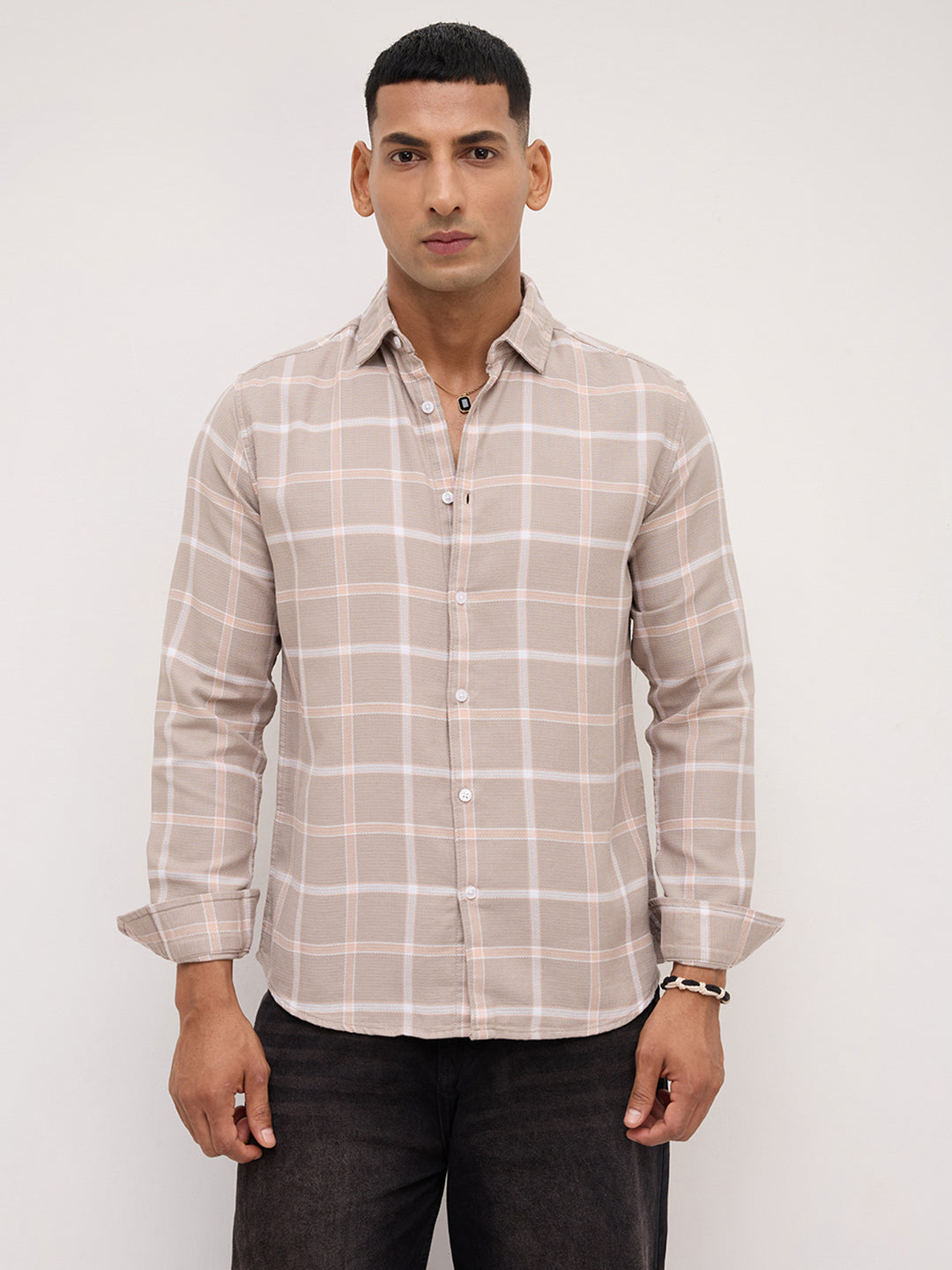 French Beige Block Checks Shirt