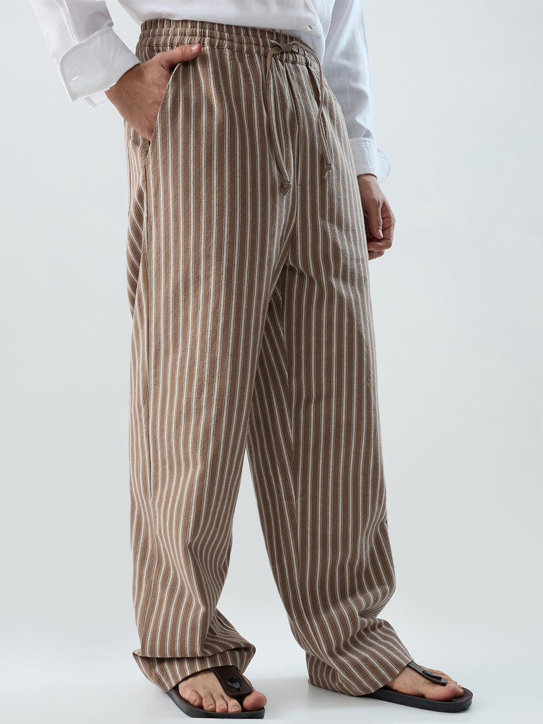 Beachline Brown Vertical Striped Straight-Fit Trousers