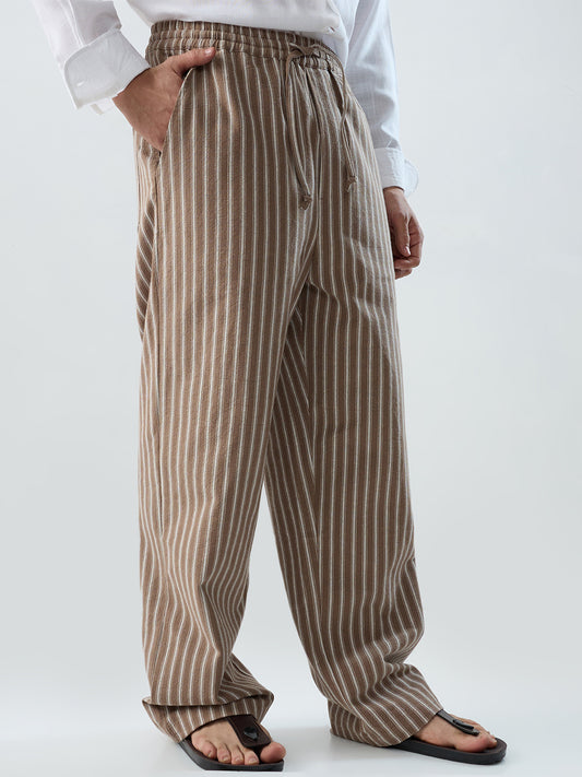 Beachline Brown Vertical Striped Straight-Fit Trousers