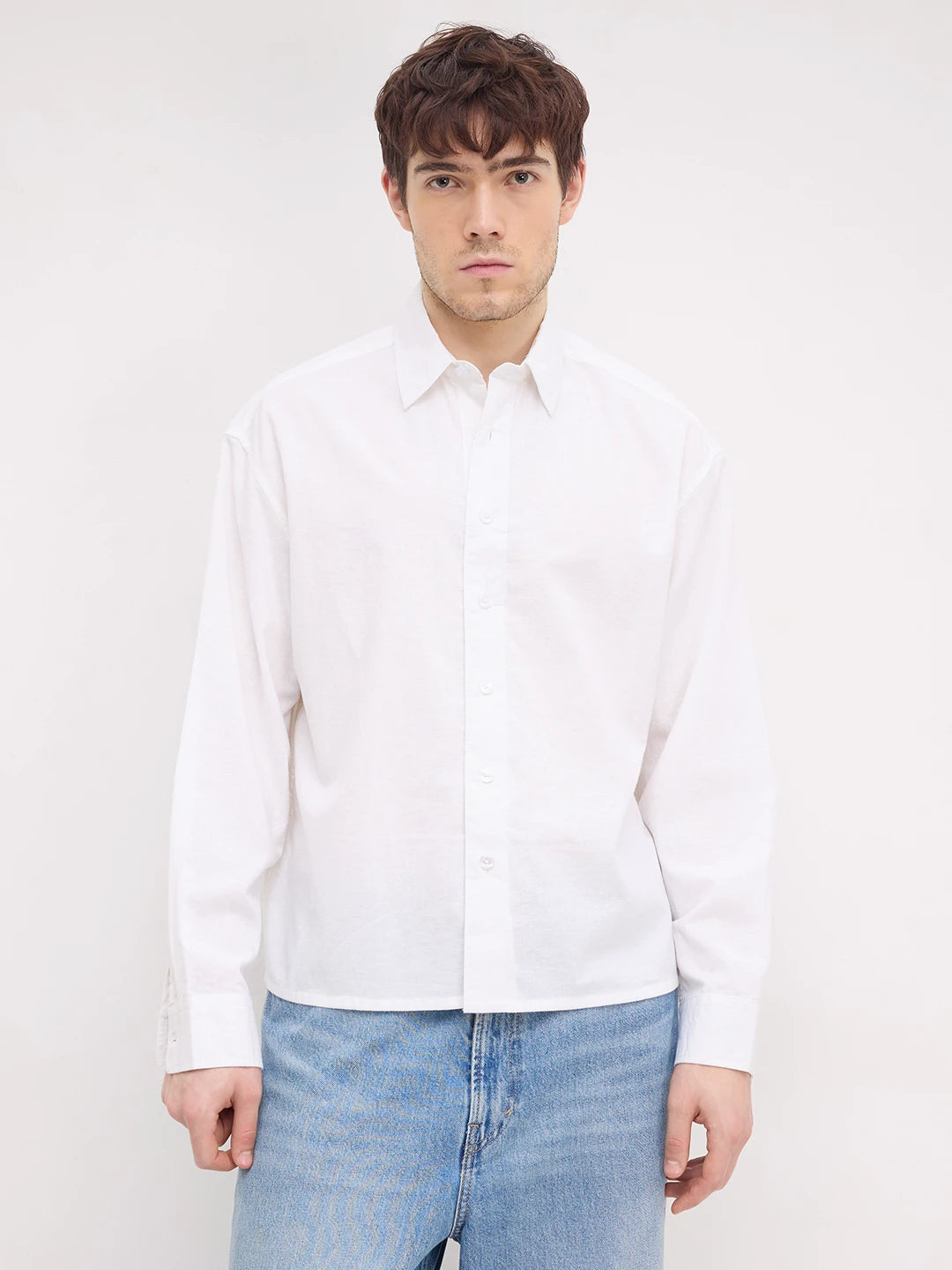 Pearl White Linen Blend Boxy Fit Crop Shirt