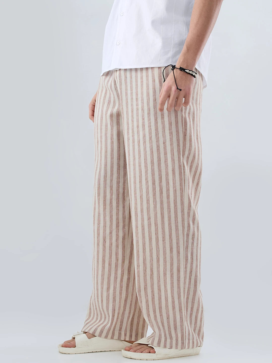 Brown & Ivory Striped Linen Blend Wide Leg Trousers