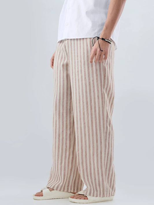 Brown & Ivory Striped Linen Blend Wide Leg Trousers