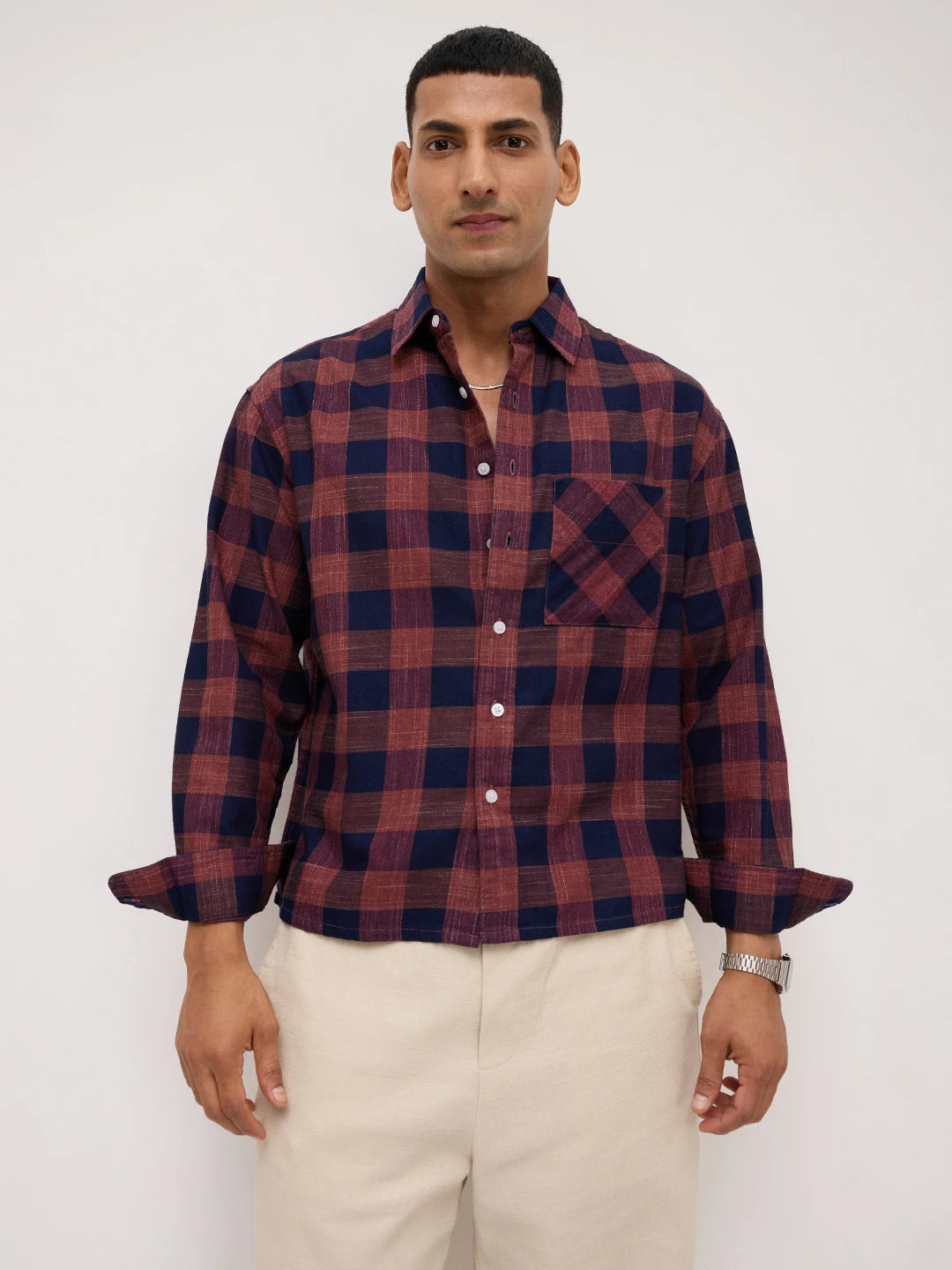 Autumn Navy & Brown Block Checks Boxy Fit Crop Shirt