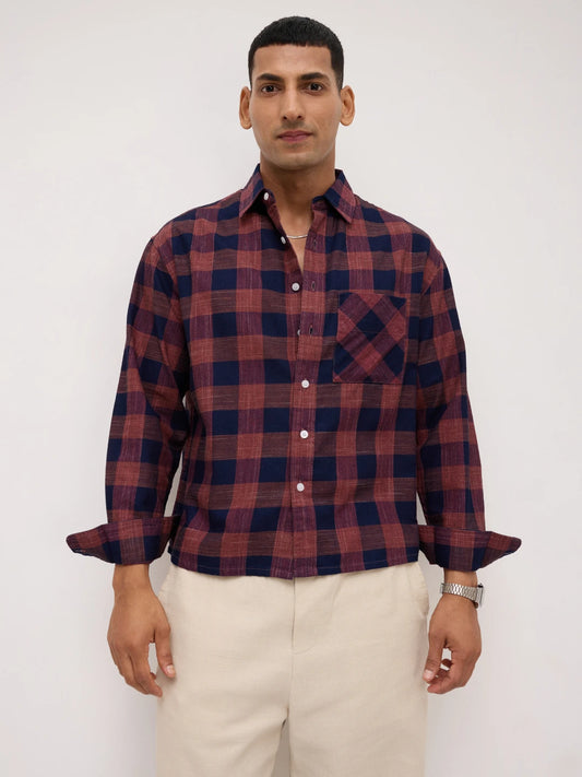 Autumn Navy & Brown Block Checks Boxy Fit Crop Shirt