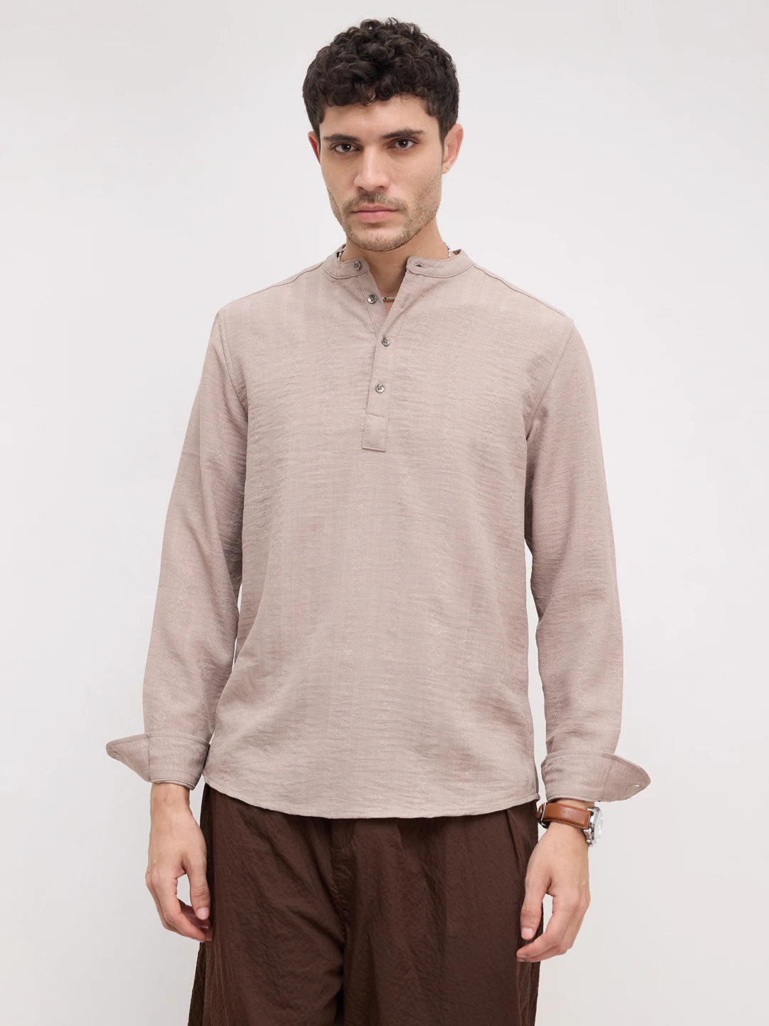 Taupe Lozenge Weave Striped Kurta