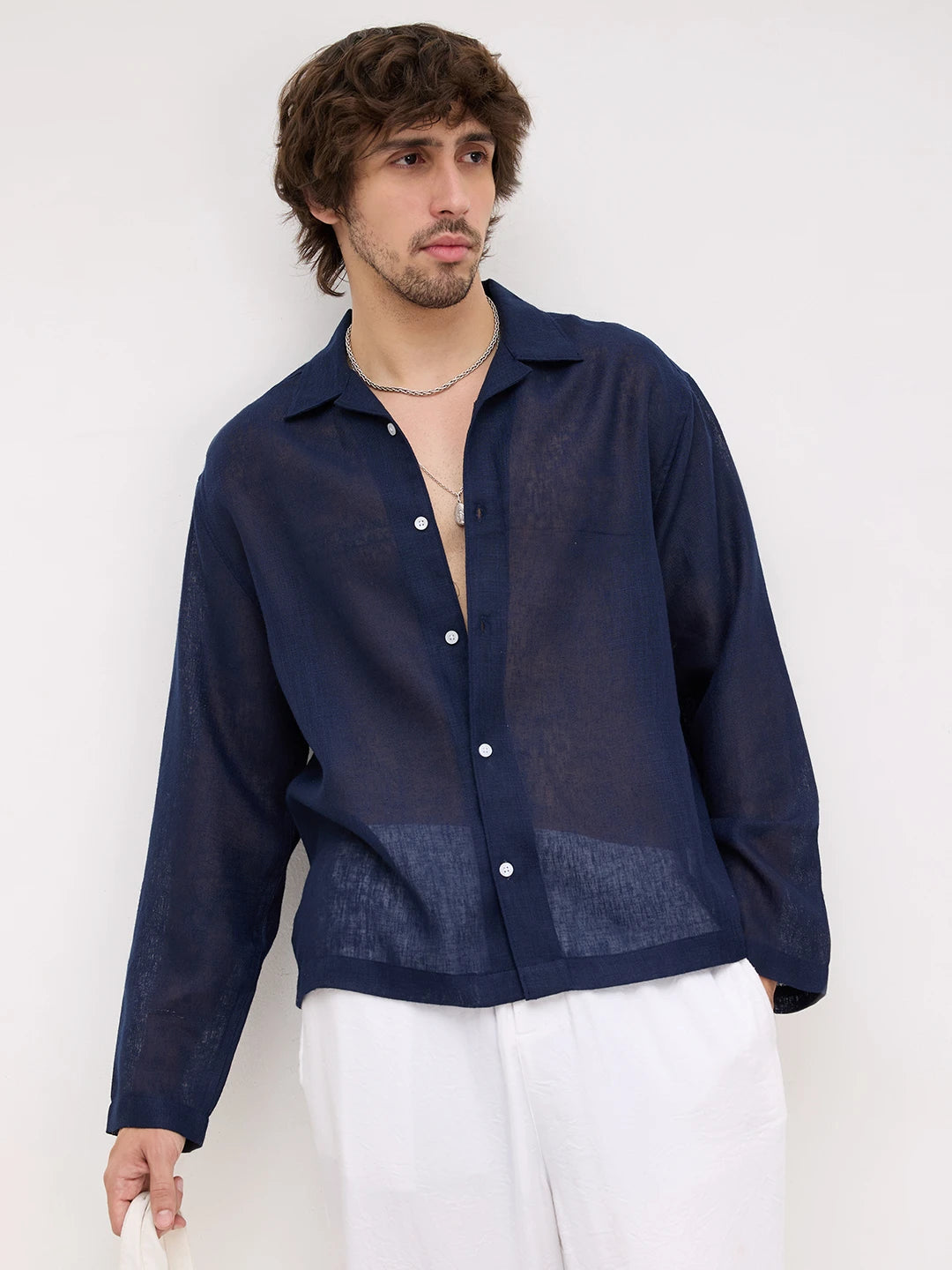 Navy Sheer Textured Notch Collar Oversized Shirt