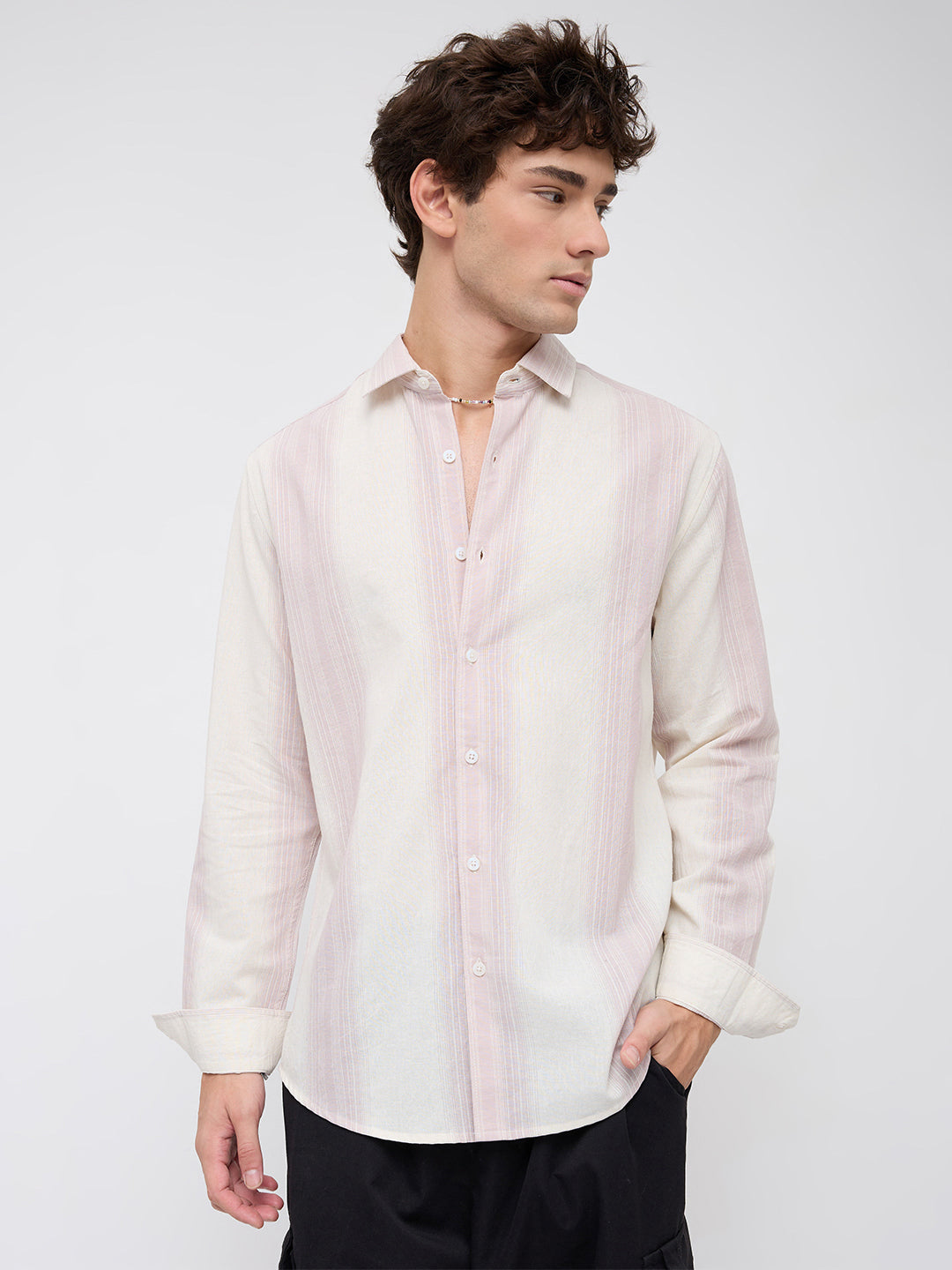 Luxe Misty Pink Refined Striped Linen Blend Shirt