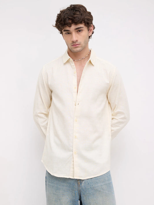 Pearl Cream Micro Grid Weave Textured Shirt