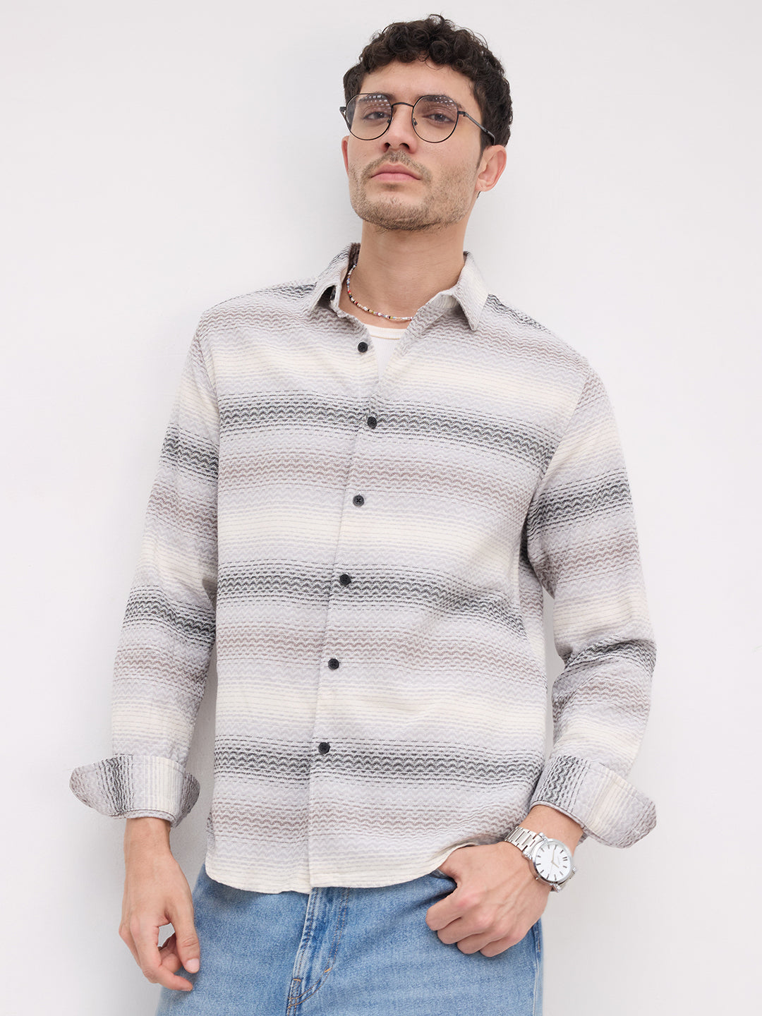 Grey Jacquard Wave Pattern Striped Shirt