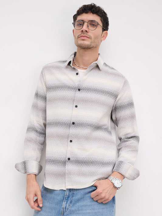 Grey Jacquard Wave Pattern Striped Shirt