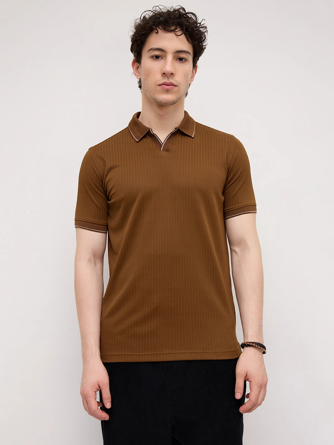 Chocolate Brown Striped Weave Polo Tee