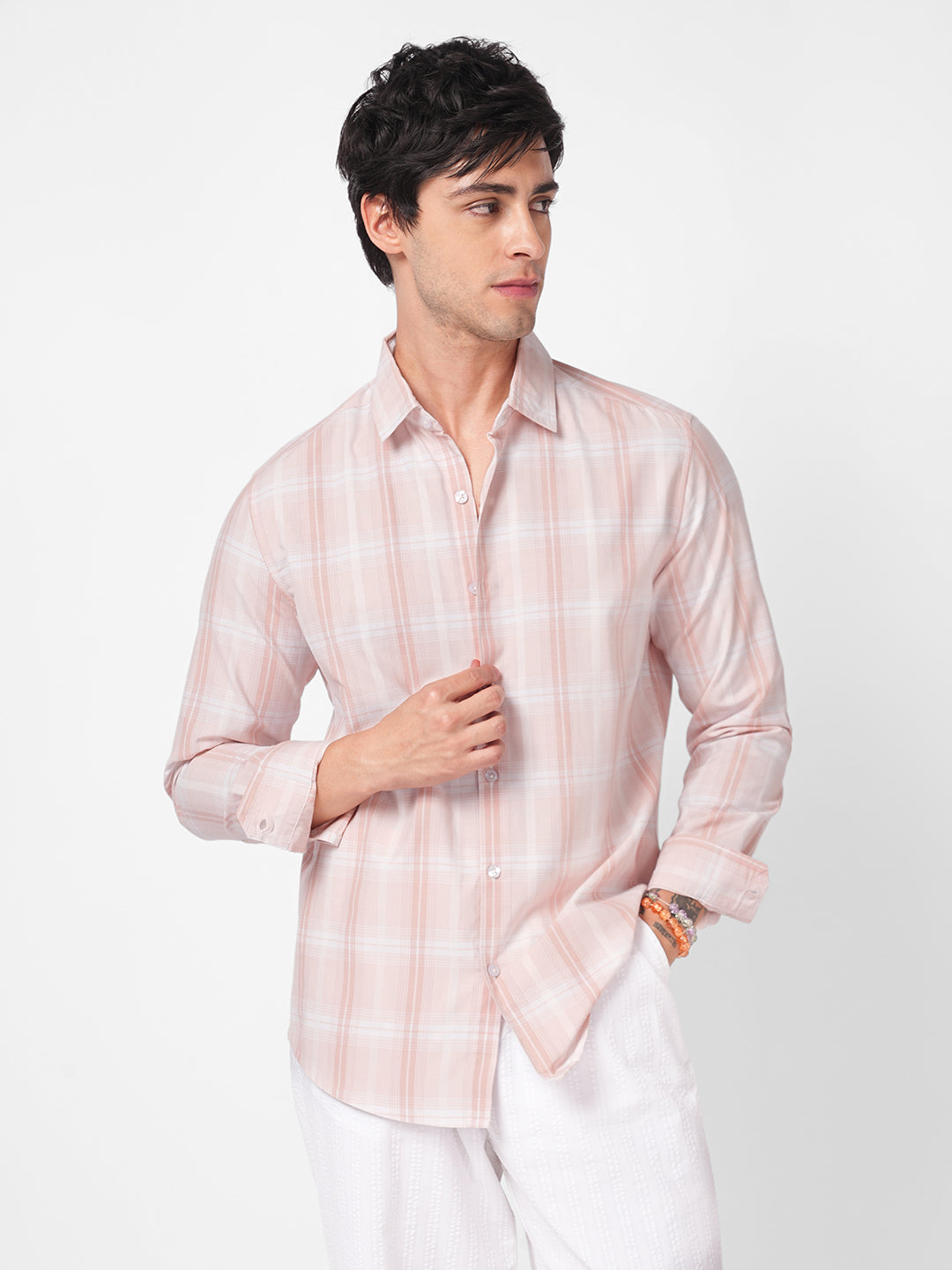 Elegant Soft Blush Peach Plaid Checks Shirt