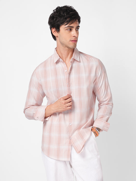 Elegant Soft Blush Peach Plaid Checks Shirt