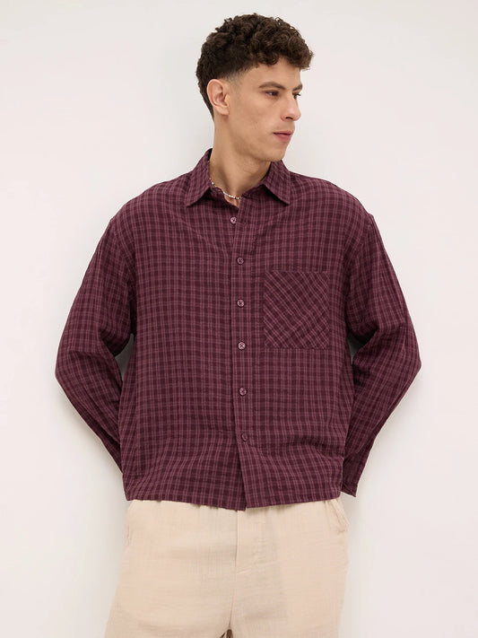 Rich Maroon Windowpane Checks Boxy Fit Crop Shirt
