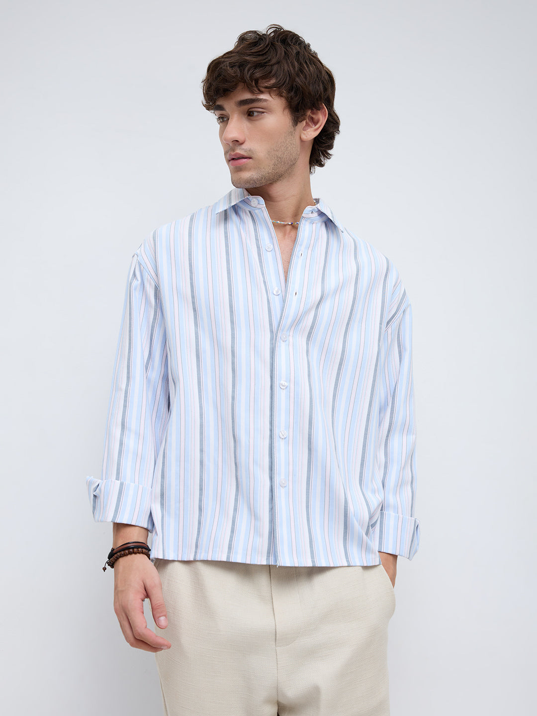 Sea Breeze Multi Stripe Weave Boxy Fit Crop Shirt