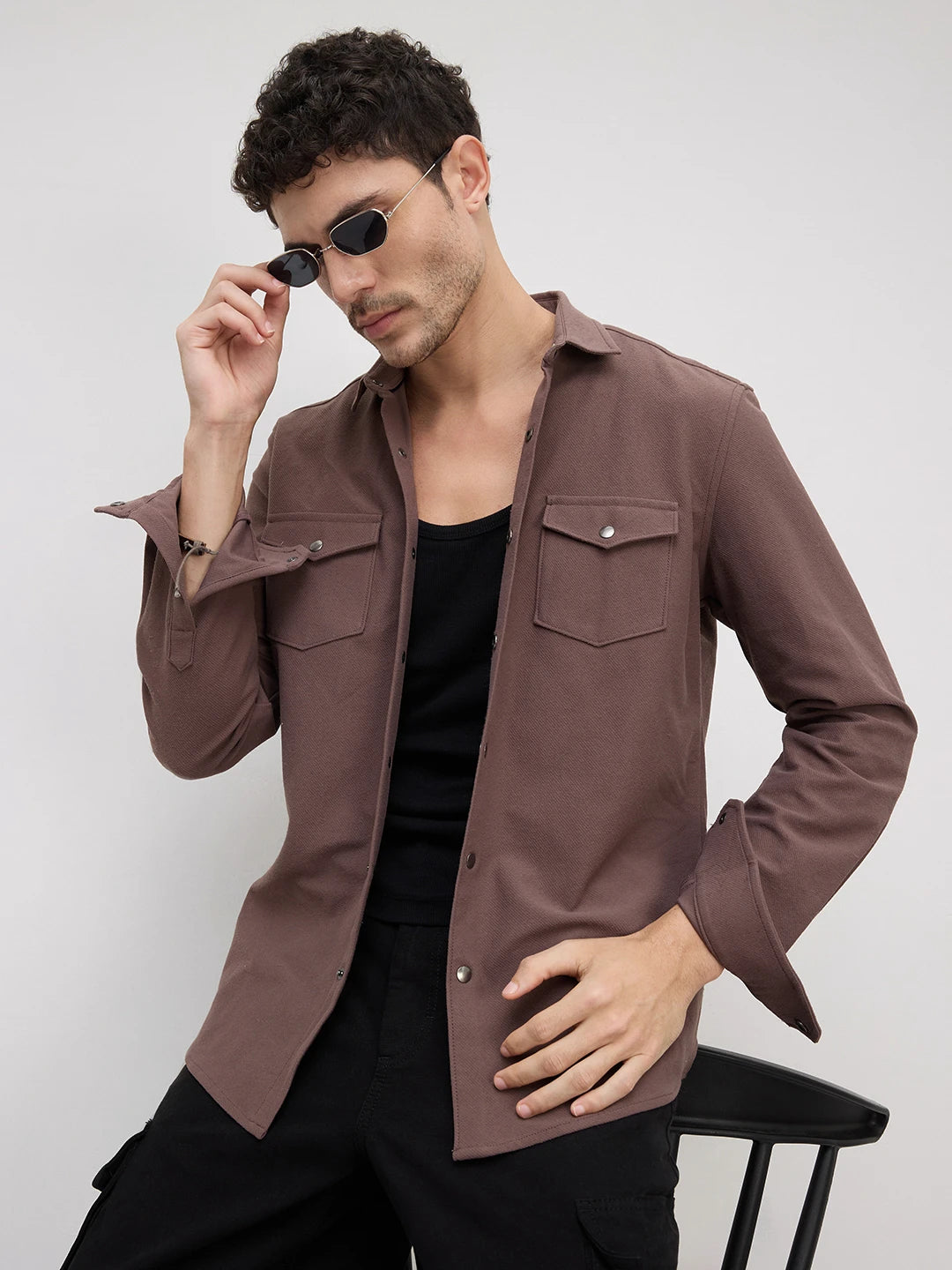 Dusty Brown Twin Flap Pocket Knitted Overshirt