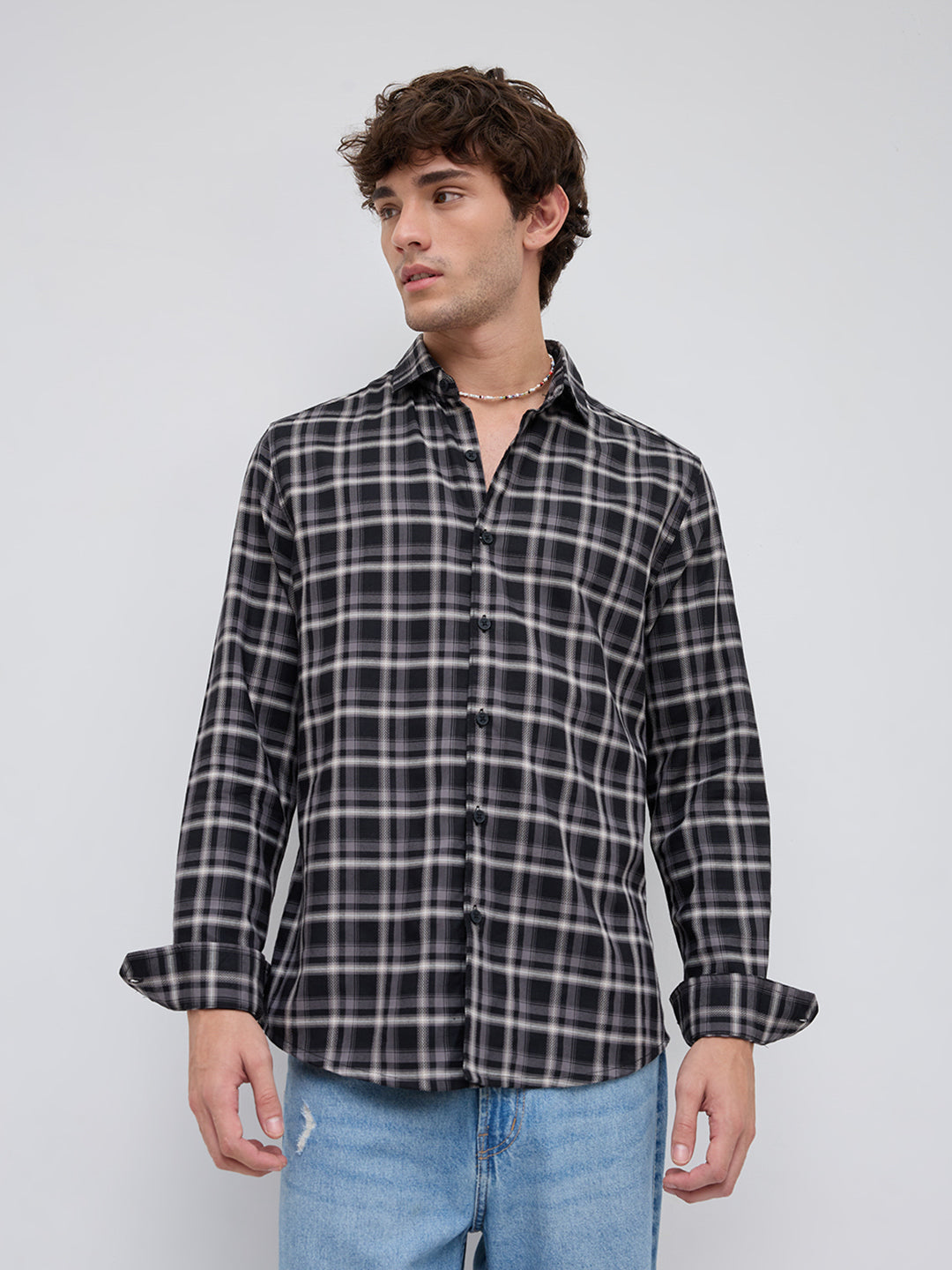 Black & Grey Tartan Checked Relaxed Shirt
