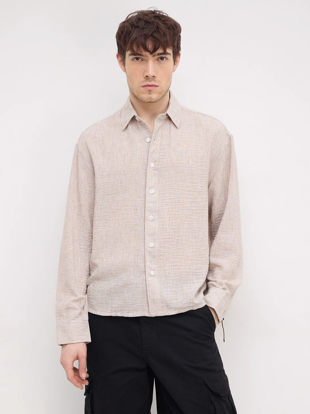 Tan Beige Fine Textured Boxy Fit Crop Shirt