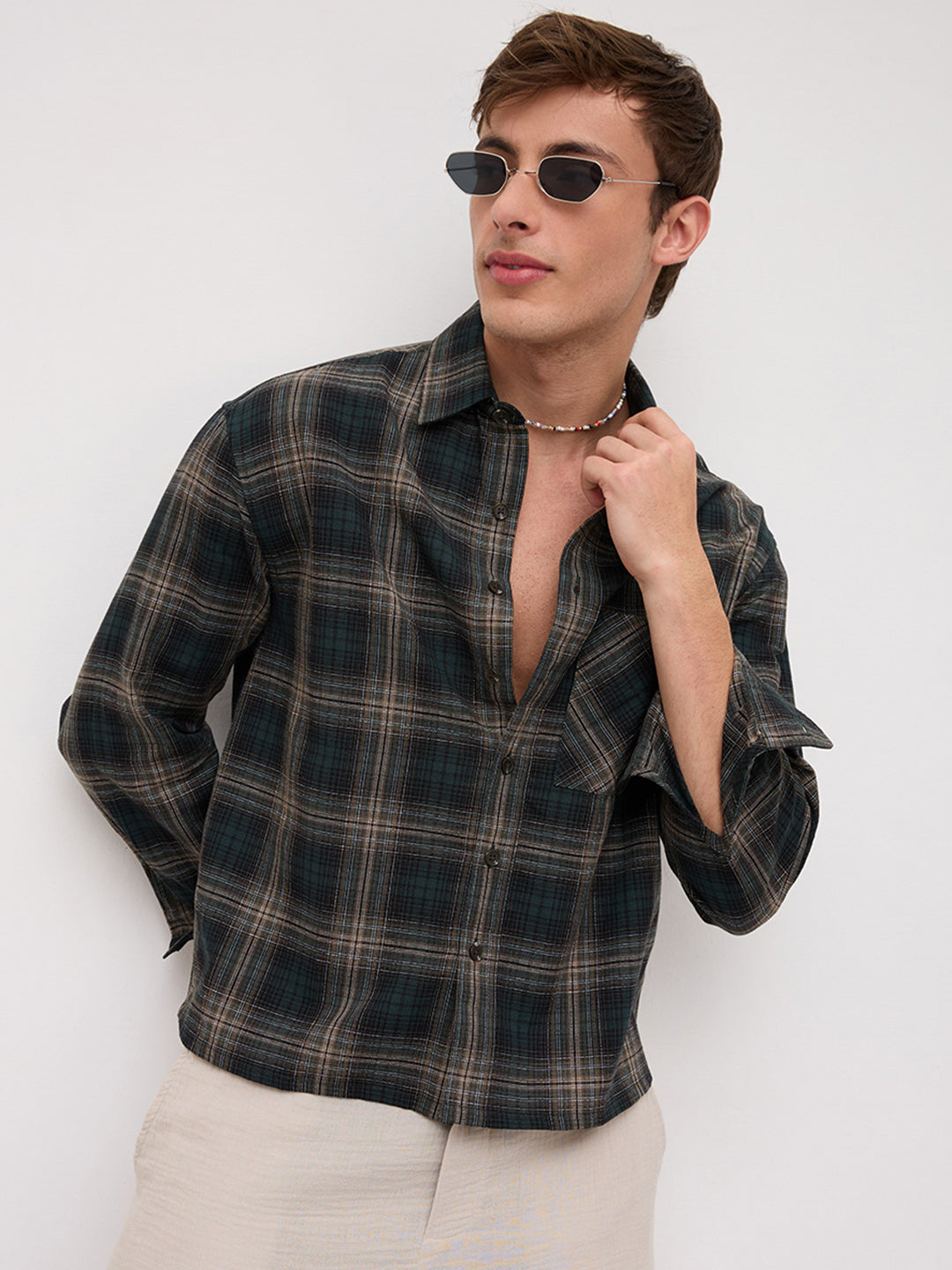 Forest Black Multi Line Plaid Checks Boxy Fit Crop Shirt