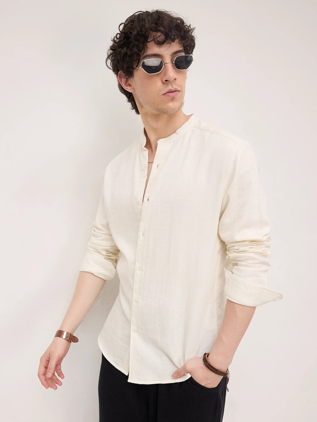 Off White Herringbone Textured Mandarin Shirt