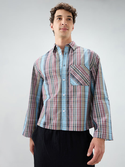 Multi Stripe Fusion Checks Cuffless Oversized Crop Shirt