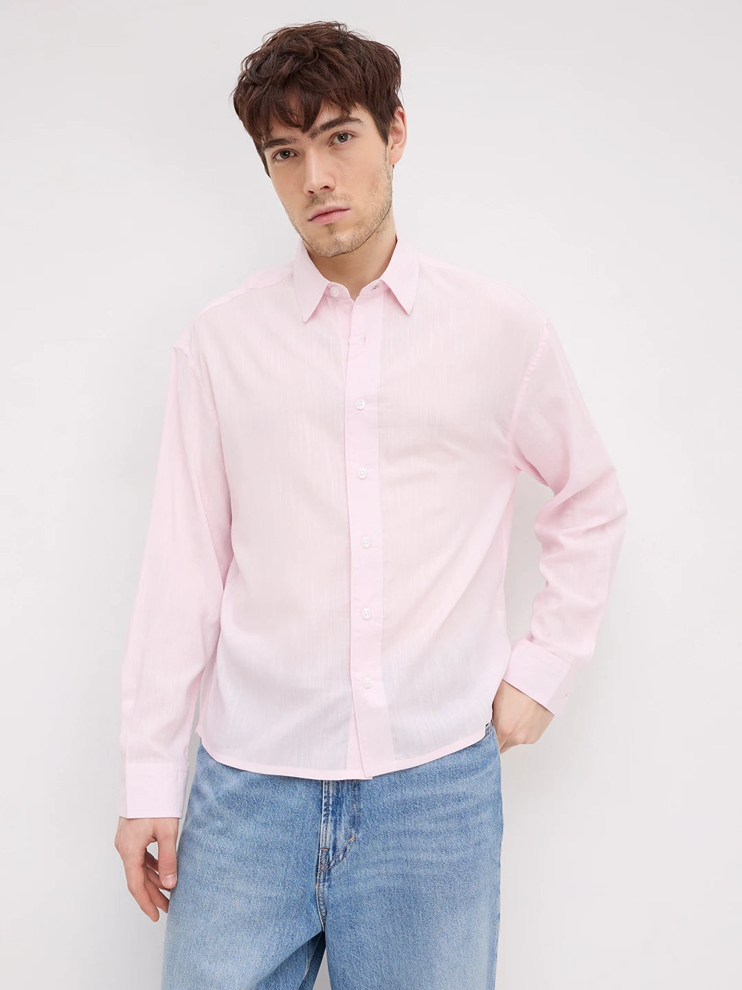 Charming Blush Pink Fine Textured Boxy Fit Crop Shirt