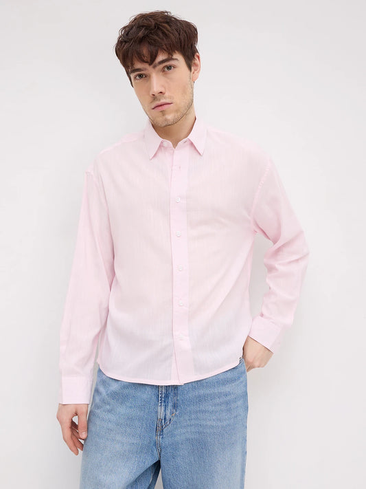 Charming Blush Pink Fine Textured Boxy Fit Crop Shirt