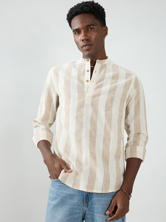 Beige & Ivory Striped Jacquard Kurta