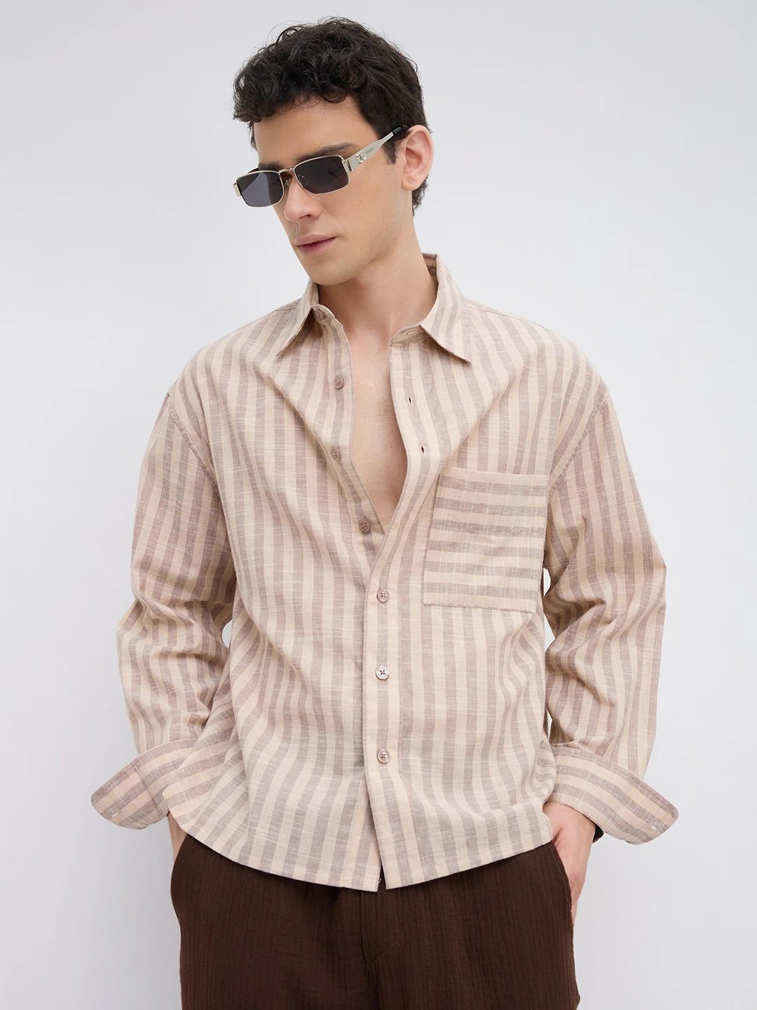 Earthy Brown & Beige Candy Striped Boxy Fit Crop Shirt