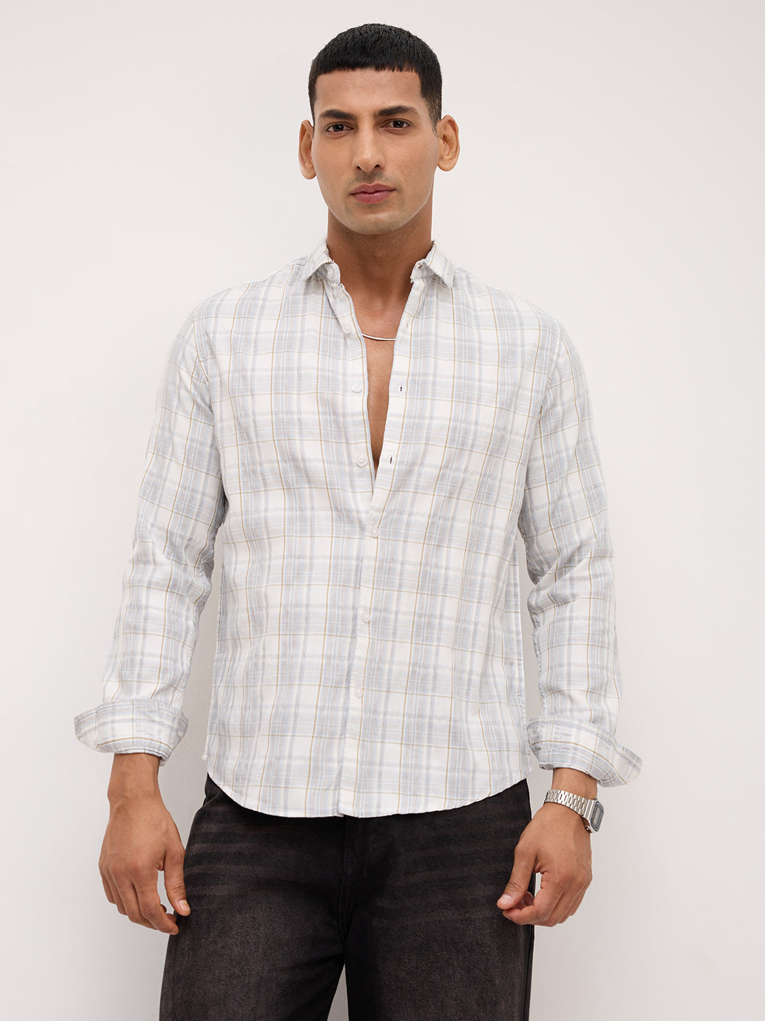 Elegant Grey & Ivory Plaid Checks Shirt
